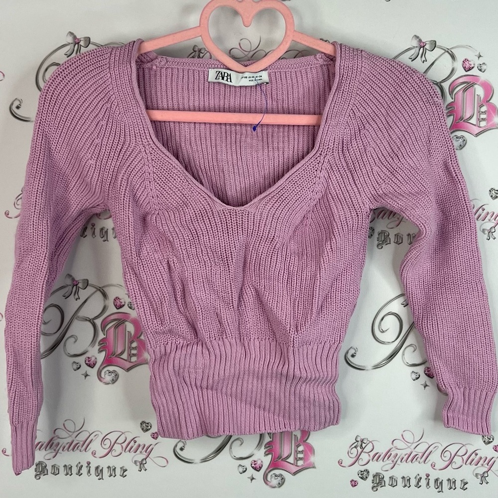 Zara sweater Vneck ribbed knitted purple pink Lilac Knit Sweater long sleeves - Picture 1 of 8